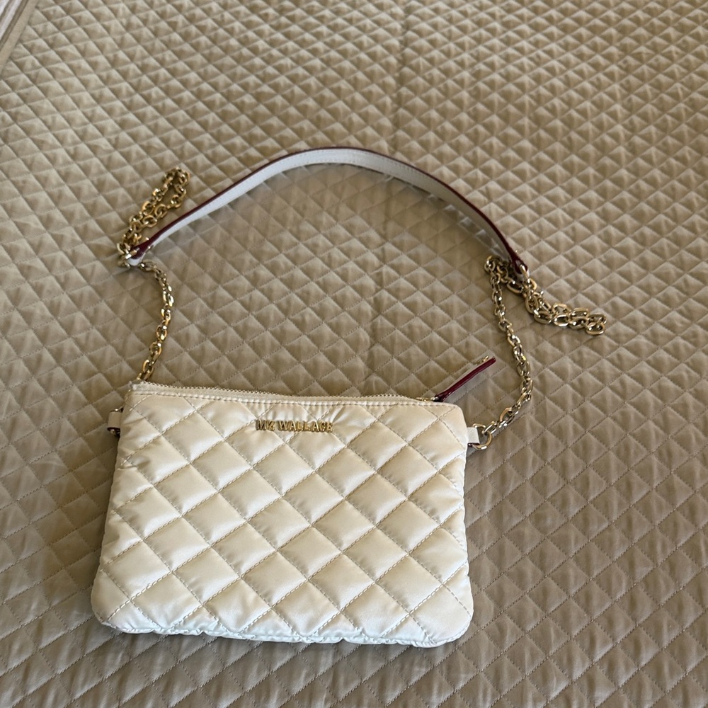 MZ Wallace Cream Quilted Crossbody Bag with Gold Chain